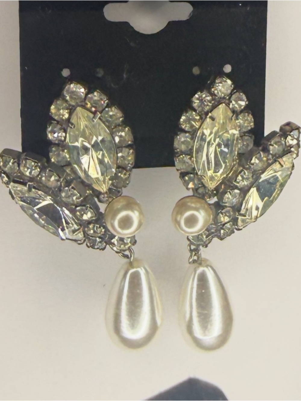 Vintage Old Hollywood Crystal and Pearl Teardrop Statement Earrings